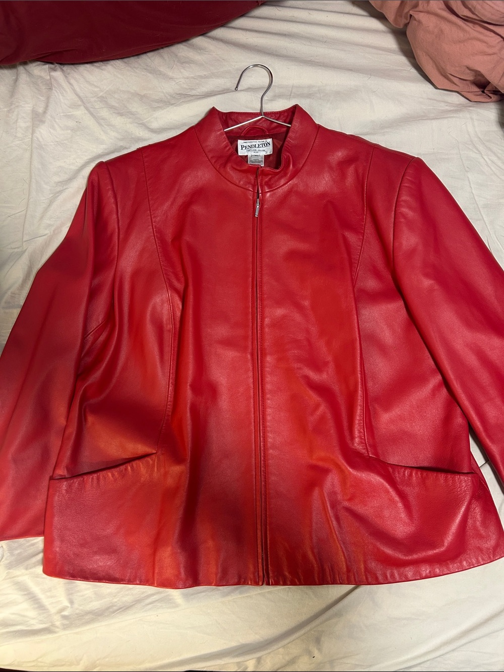 Pendleton Red Leather Zip Jacket Size 2XL Western Moto Flaw Disclosed